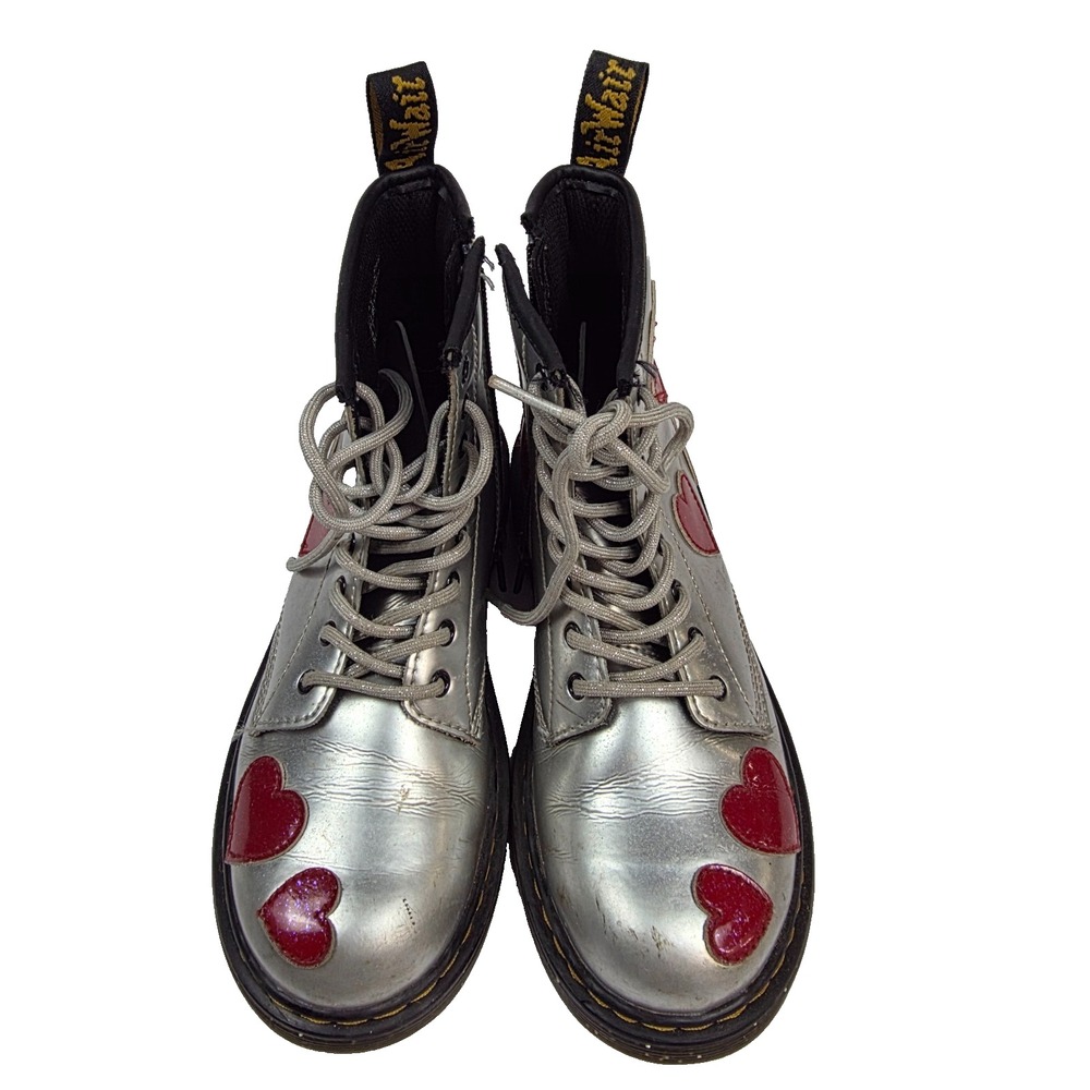 Dr. Martens Boots Metallic Silver Hearts Zipper Side Sz 3 Valentines High Top - Picture 3 of 10